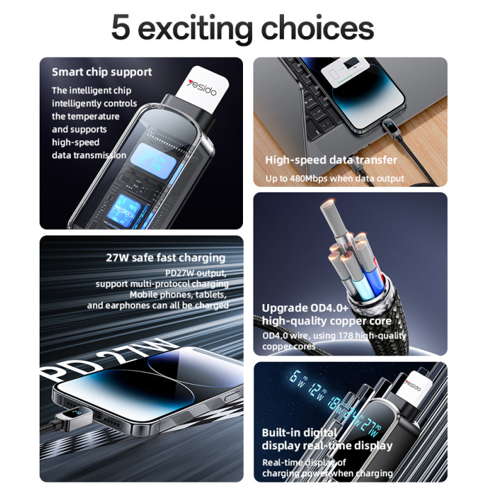 YESIDO 27W USB-C TO LIGHTNING CABLE WITH LED DISPLAY GREY CA180 - Image 3