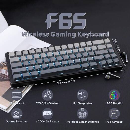 AULA 65 KEYS RGB 65% MECHANICAL GAMING KEYBOARD TRI MODE GREY WOOD V3 SWITCH BLK-GRY F65 - Image 2