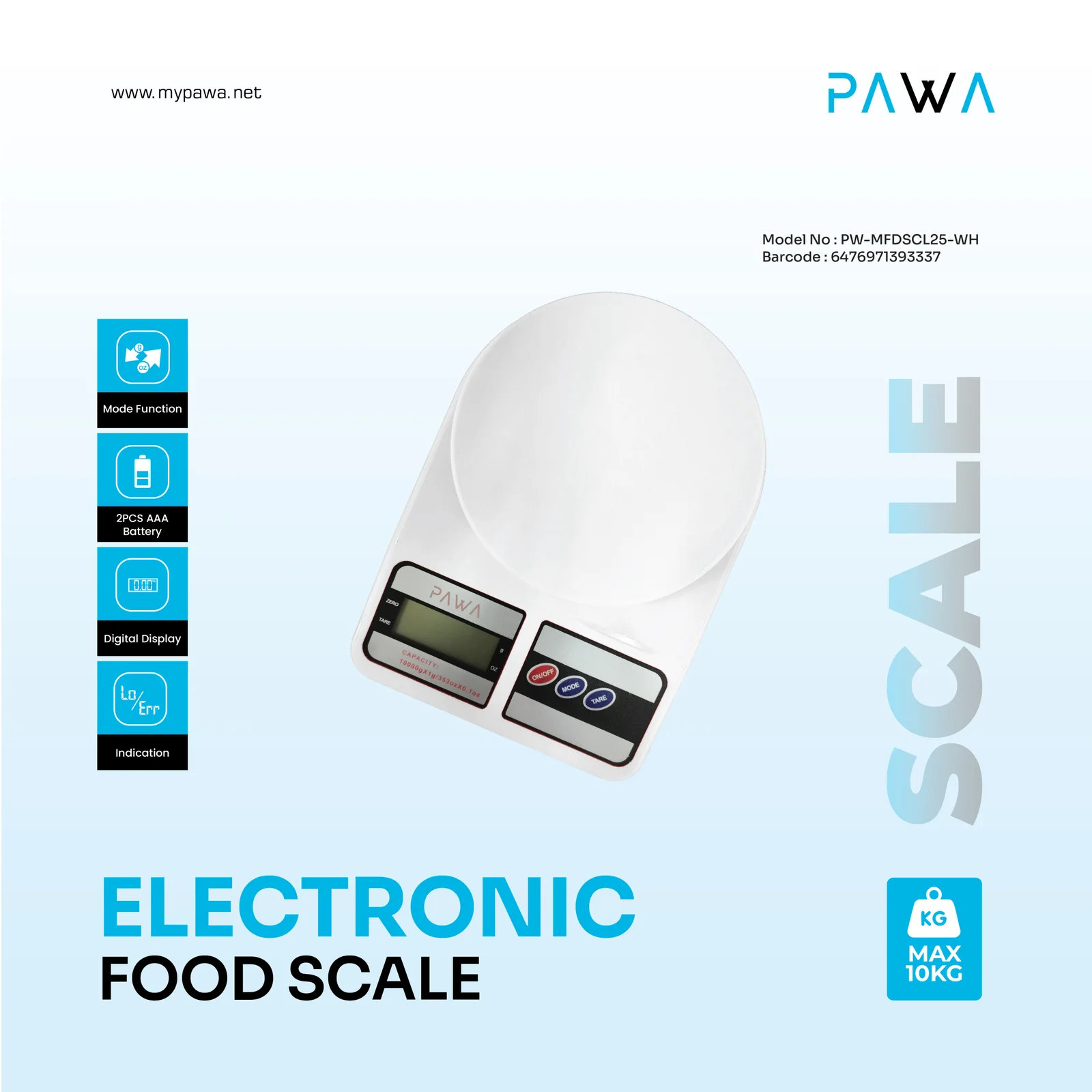 PAWA ELECTRONIC FOOD SCALE MAX 10KG WHITE PW-MFDSCL25-WH - Image 3