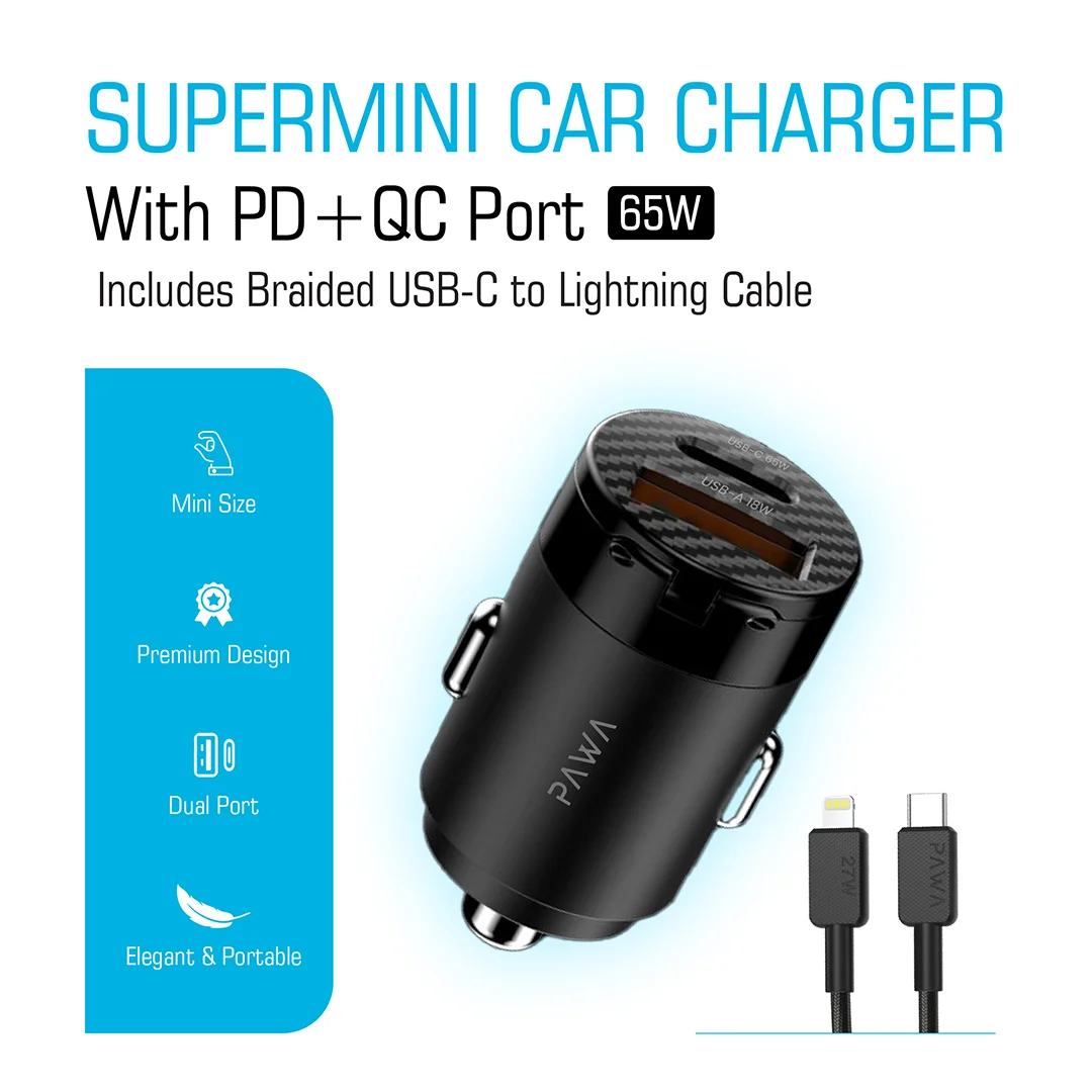 PAWA SUPERMINI CAR CHARGER WITH PD+QC PORT 65W BLACK PW-PDTCN65W-BK - Image 3