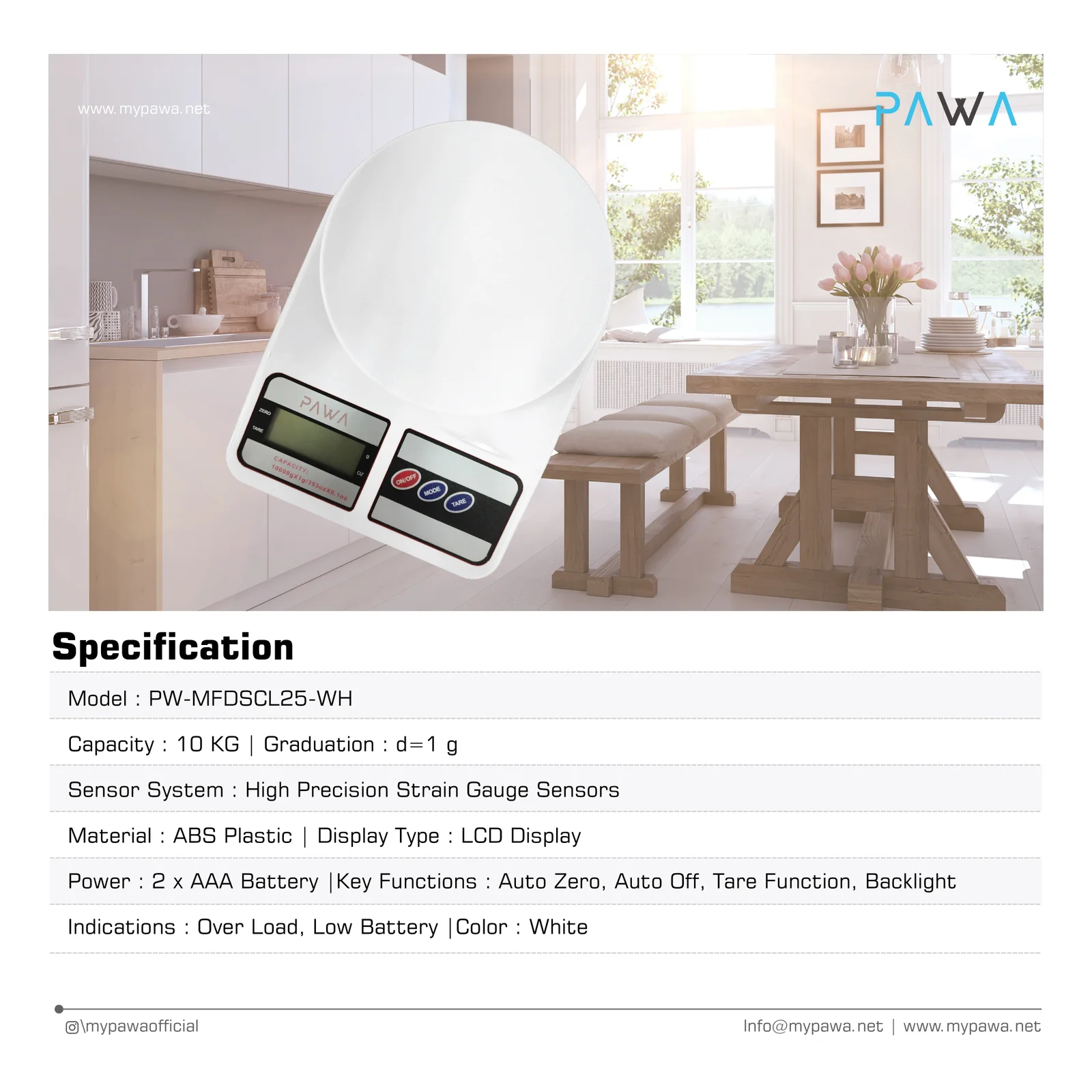 PAWA ELECTRONIC FOOD SCALE MAX 10KG WHITE PW-MFDSCL25-WH - Image 4
