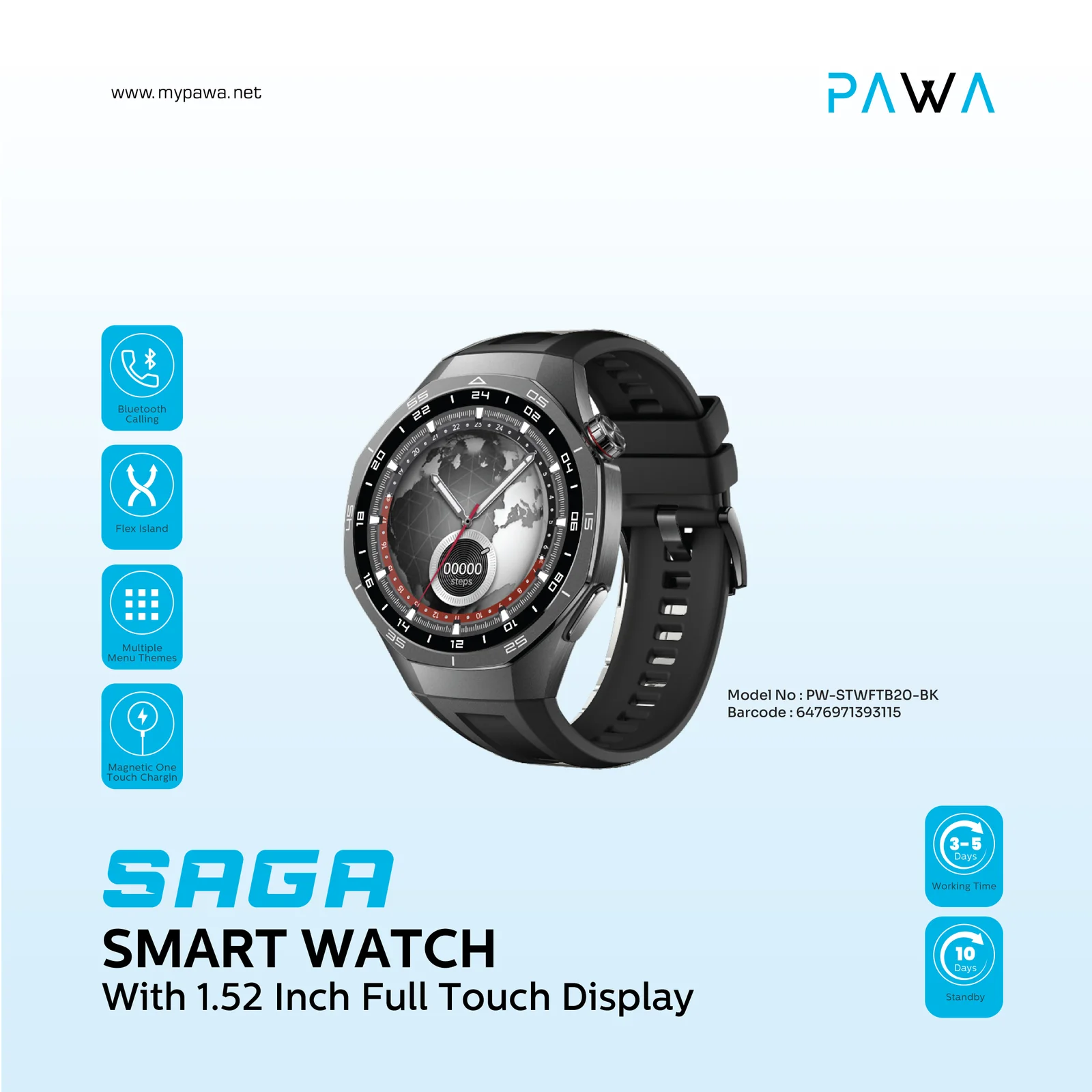 PAWA SAGA SMART WATCH WITH 1.52 INCH FULL TOUCH DISPLAY BLACK PW-STWFTB20-BK - Image 4