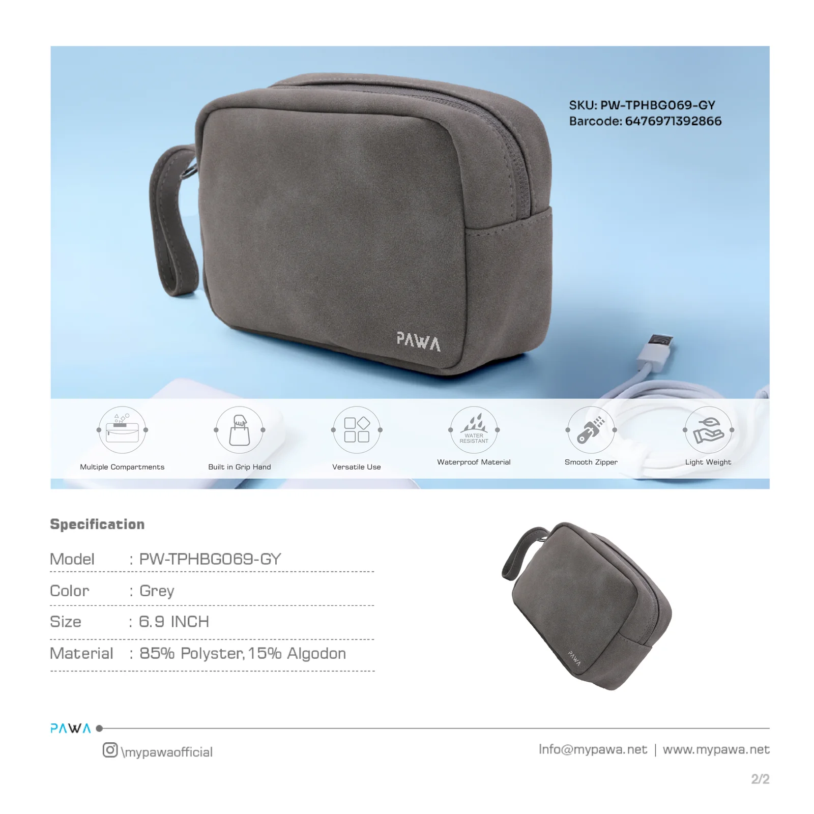 PAWA BELLO TRAVEL POUCH GRAY PW-TPHBG069-GY - Image 3