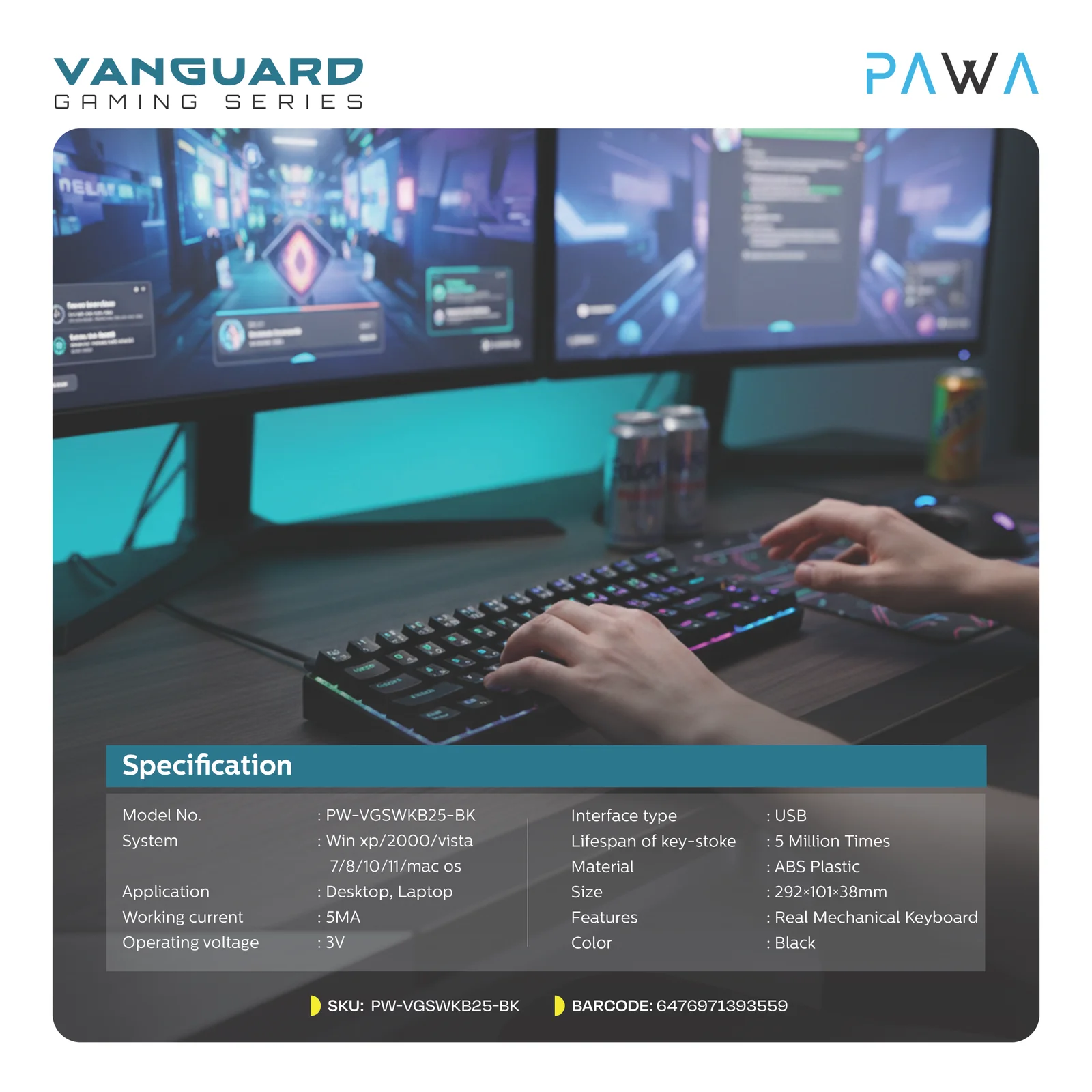 PAWA VANGUARD GAMING SERIES PROFESSIONAL GAMING MECHANICAL WIRED KEYBOARD BLACK PW-VGSWKB25-BK - Image 3