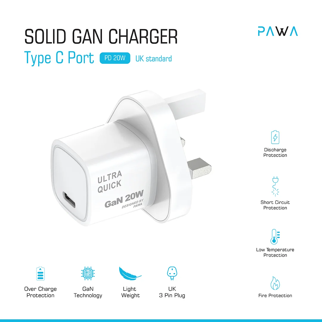 PAWA SOLID GAN CHARGER TYPE C PORT PD20W UK STANDARD WHITE PW-GN20UK-WH - Image 2