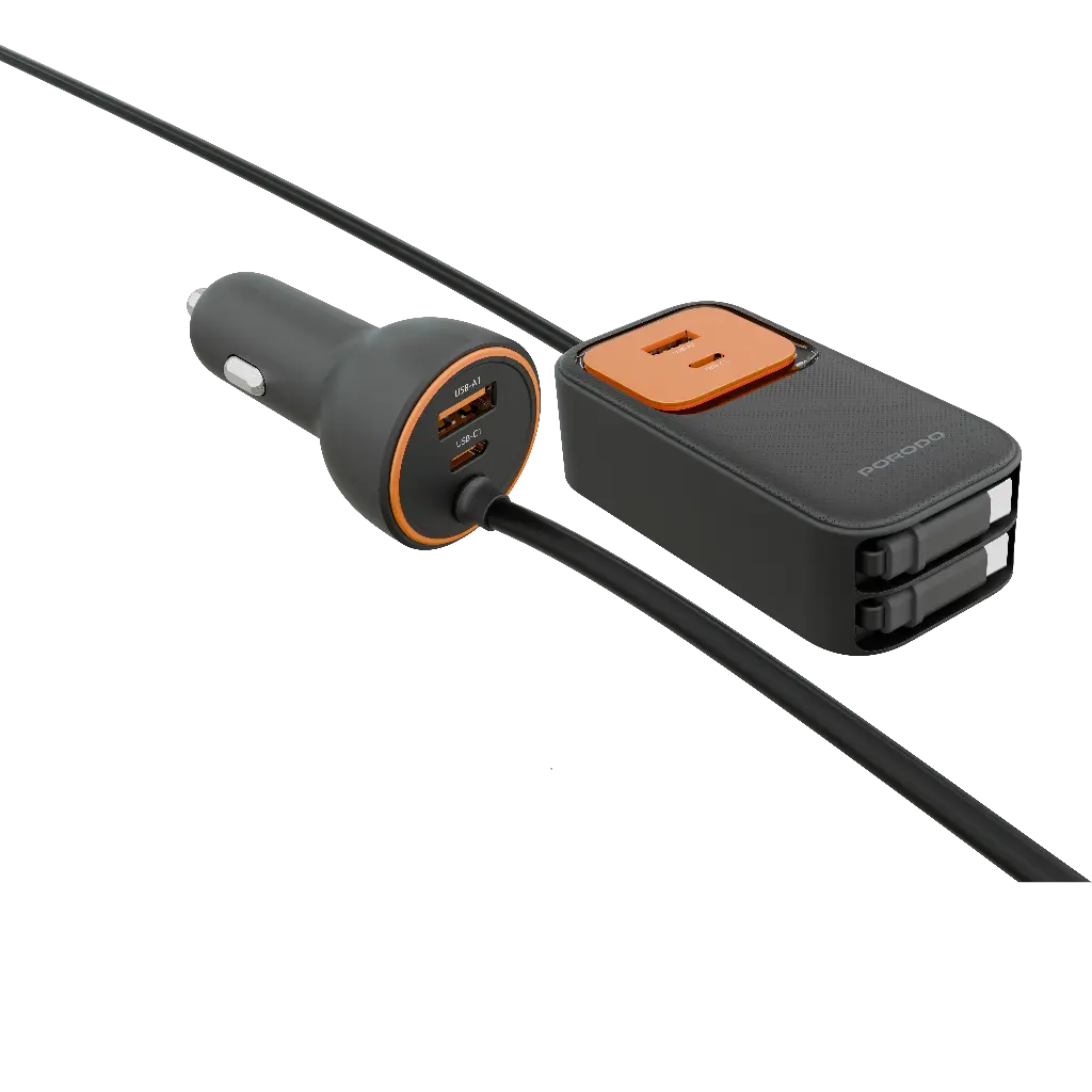 PORODO ENZO MULTI PORT CAR CHARGER DUAL 70CM RETRACTABLE CABLES 150CM BLACK PDCCR32BK - Image 2