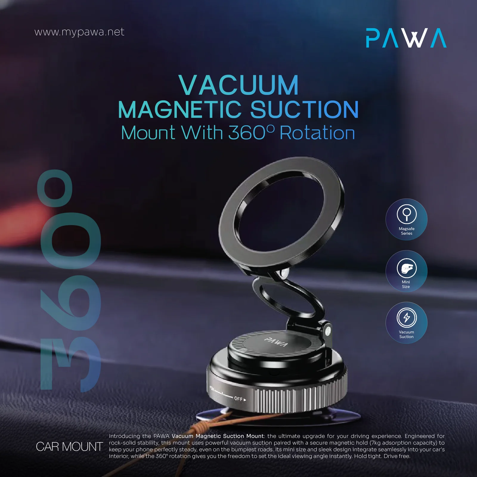 PAWA VACUUM MAGNETIC SUCTION MOUNT WITH 360 ROTATION BLACK PW-SCRMNT10-BK - Image 3