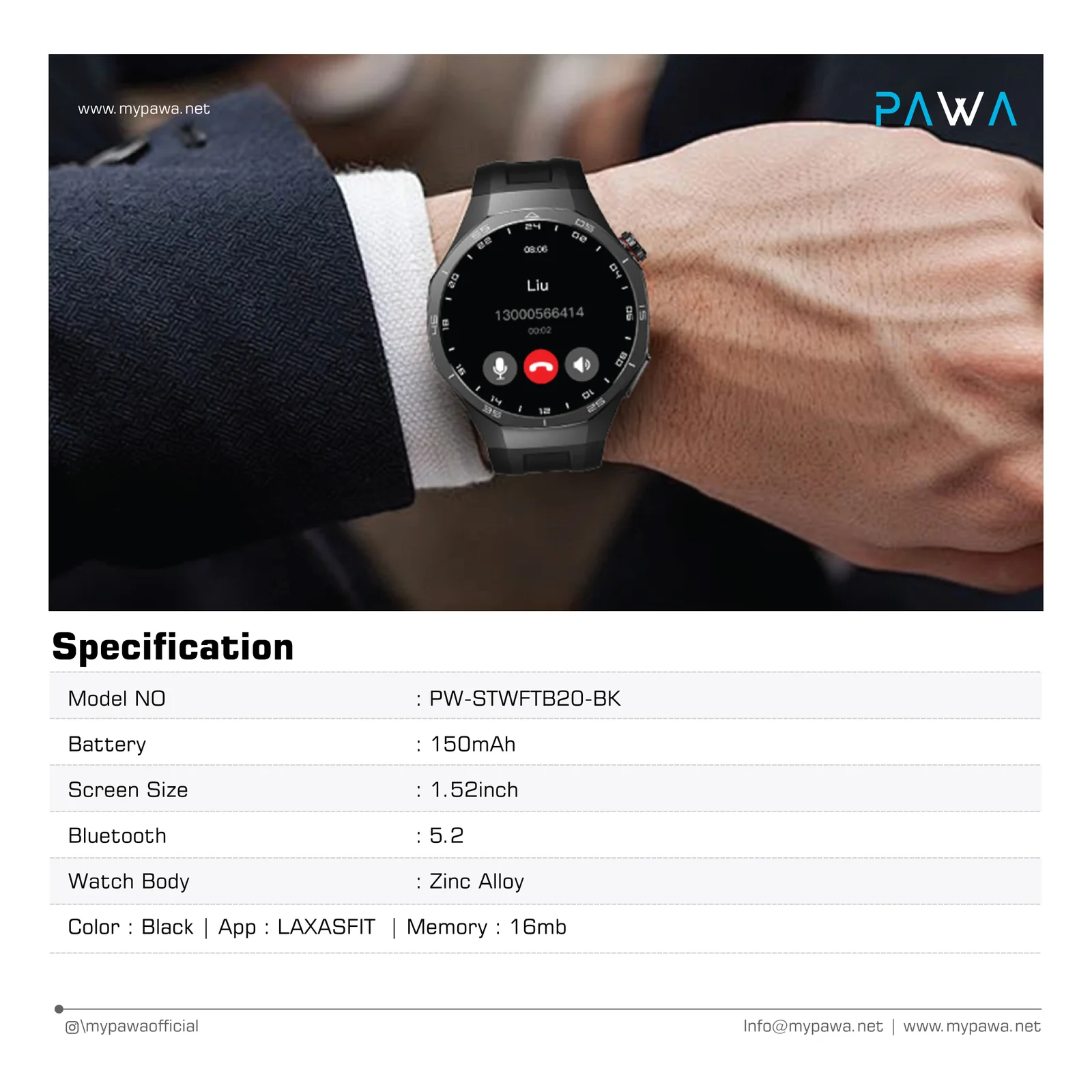PAWA SAGA SMART WATCH WITH 1.52 INCH FULL TOUCH DISPLAY BLACK PW-STWFTB20-BK - Image 2