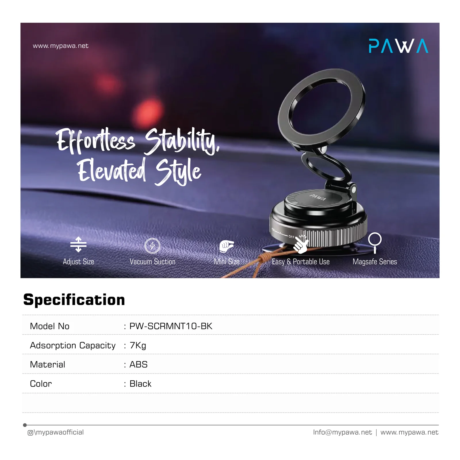 PAWA VACUUM MAGNETIC SUCTION MOUNT WITH 360 ROTATION BLACK PW-SCRMNT10-BK - Image 2