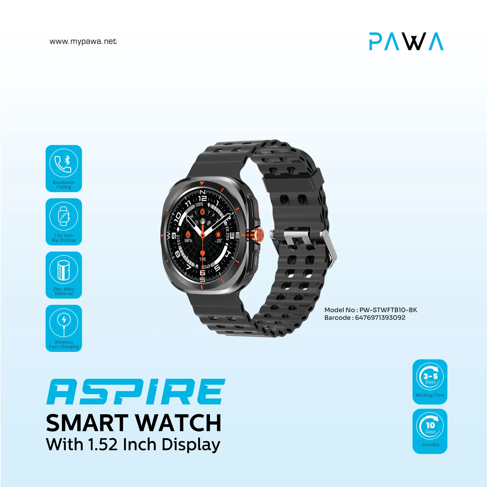 PAWA ASPIRE SMART WATCH WITH 1.52 INCH DISPLAY BLACK PW-STWFTB10-BK - Image 2