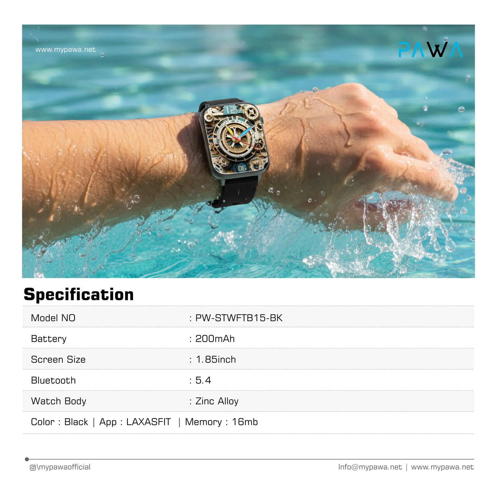 PAWA PLUSE SMART WATCH WITH 1.85 INCH HD DISPLAY BLACK PW-STWFTB15-BK - Image 3