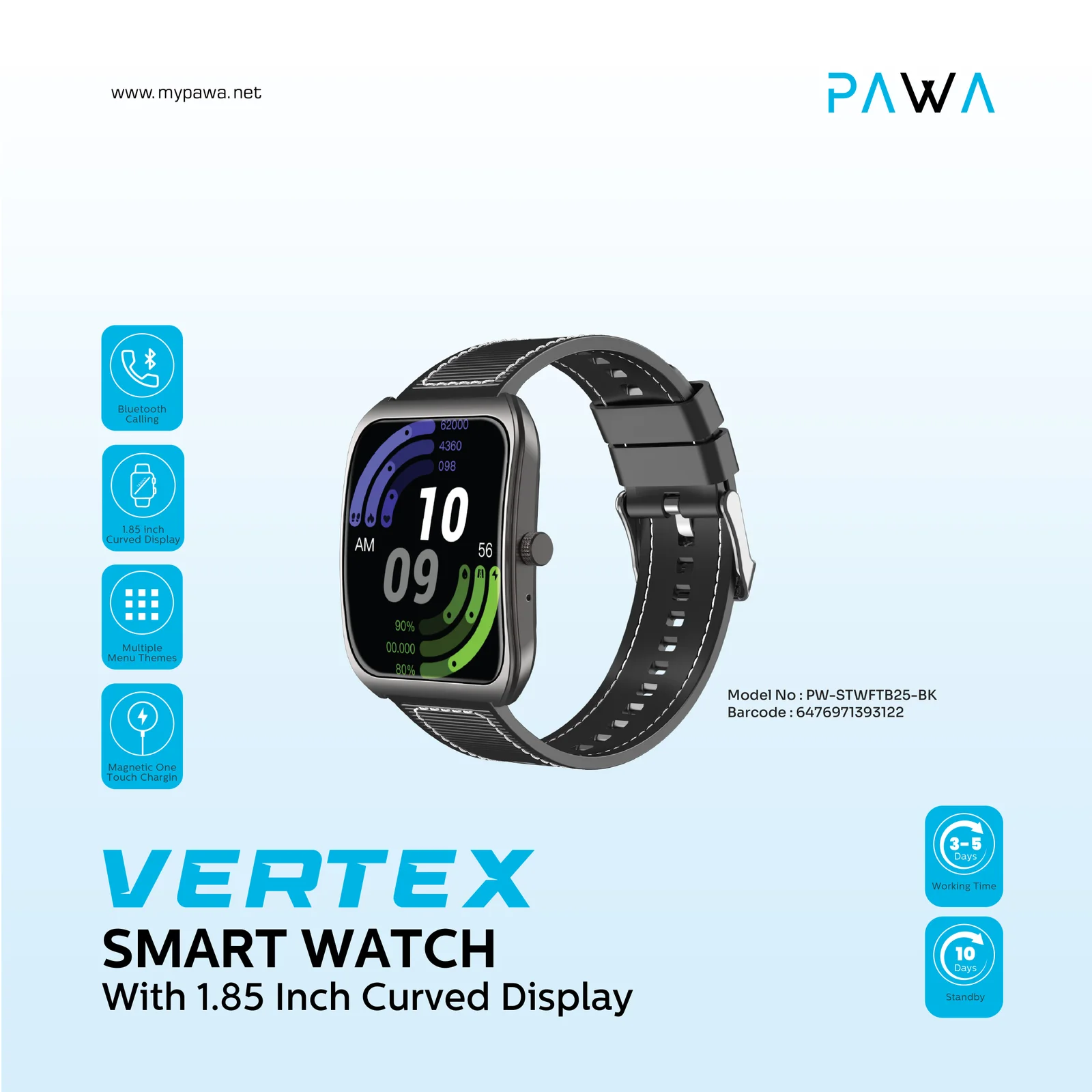 PAWA VERTEX SMART WATCH WITH 1.85 INCH CURVED DISPLAY BLACK PW-STWFTB25-BK - Image 2