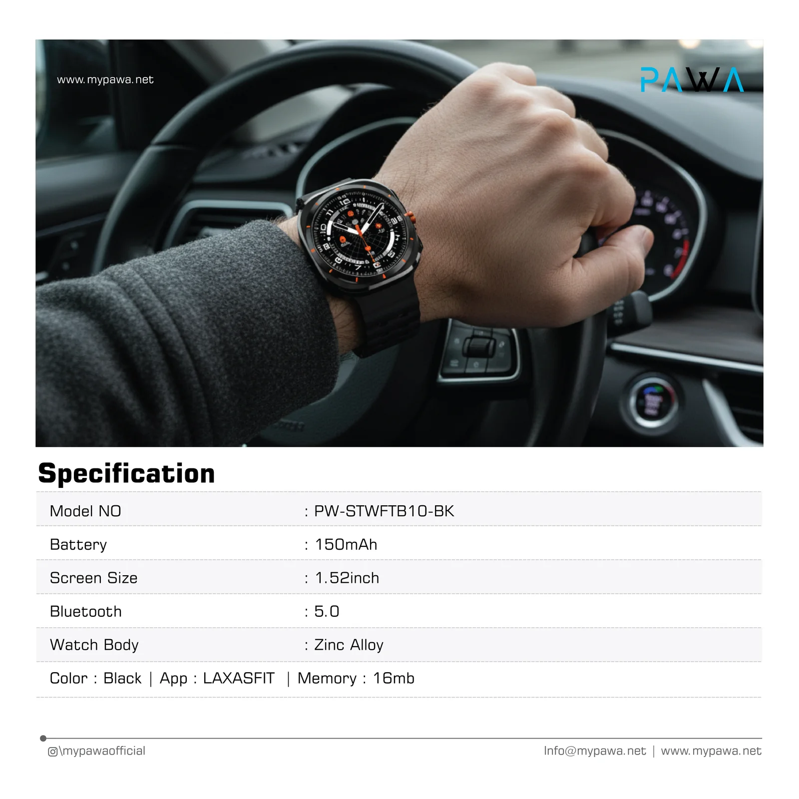 PAWA ASPIRE SMART WATCH WITH 1.52 INCH DISPLAY BLACK PW-STWFTB10-BK - Image 3