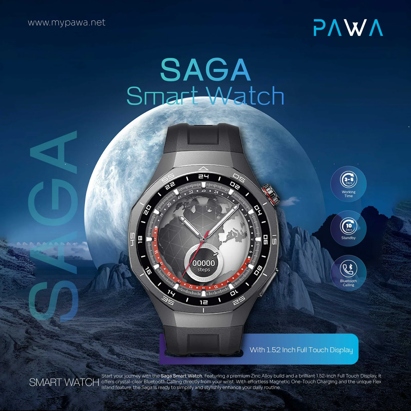 PAWA SAGA SMART WATCH WITH 1.52 INCH FULL TOUCH DISPLAY BLACK PW-STWFTB20-BK - Image 3