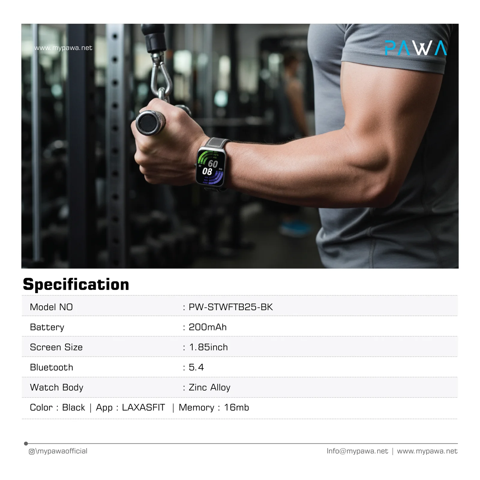 PAWA VERTEX SMART WATCH WITH 1.85 INCH CURVED DISPLAY BLACK PW-STWFTB25-BK - Image 3