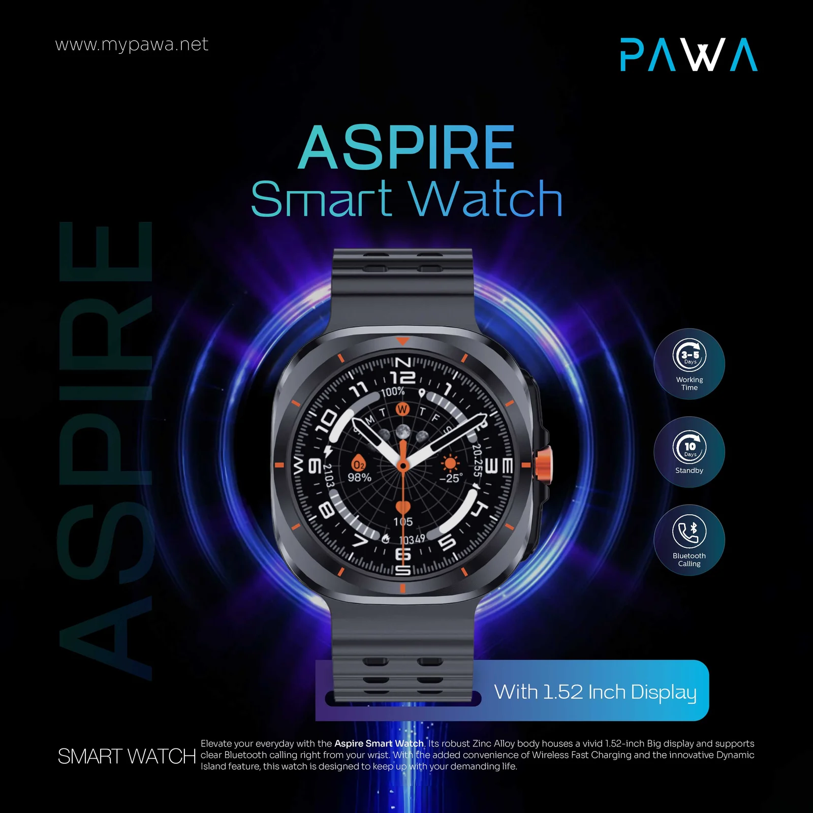 PAWA ASPIRE SMART WATCH WITH 1.52 INCH DISPLAY BLACK PW-STWFTB10-BK - Image 4