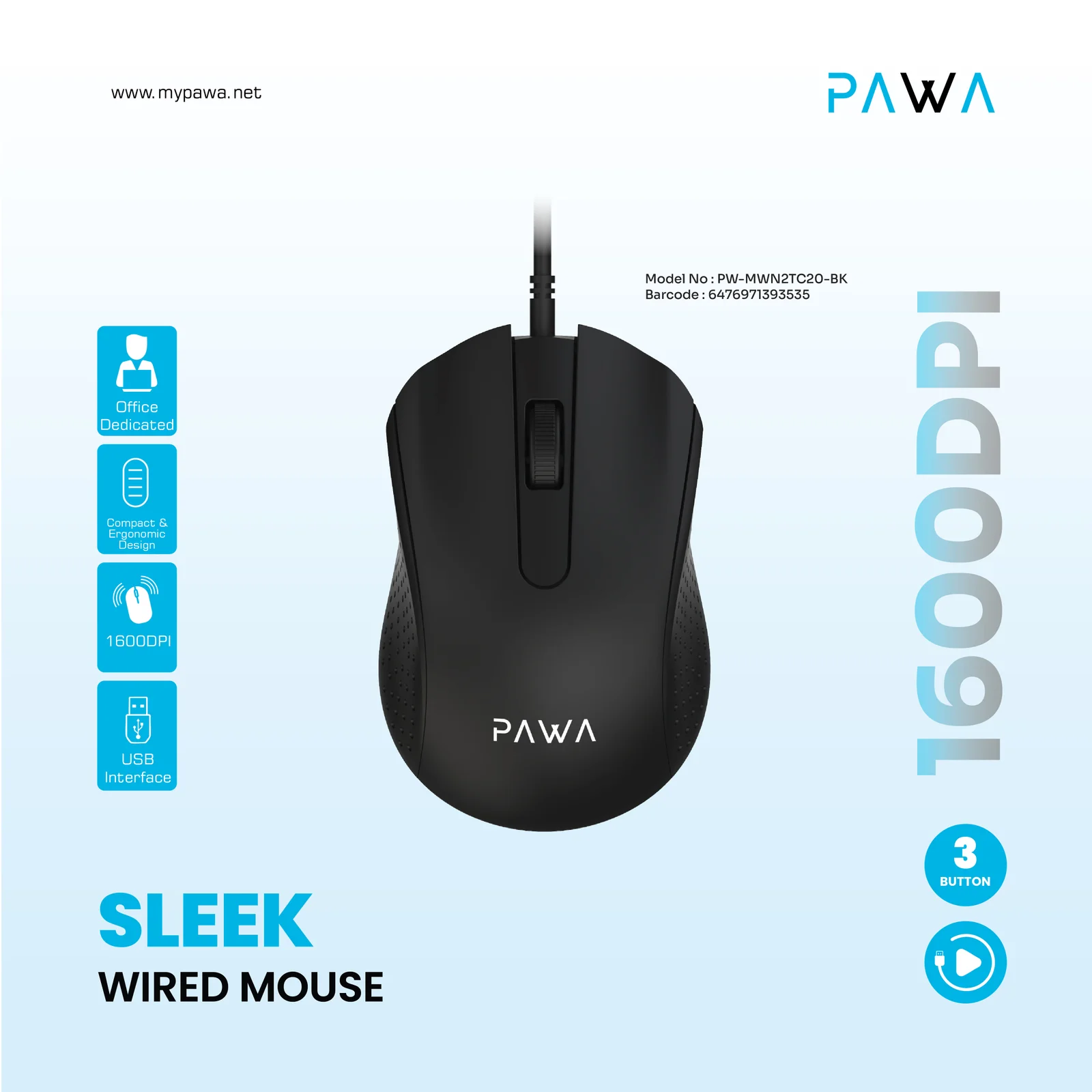PAWA SLEEK WIRED MOUSE 1200DPI BLACK PW-MWN2TC20-BK - Image 4