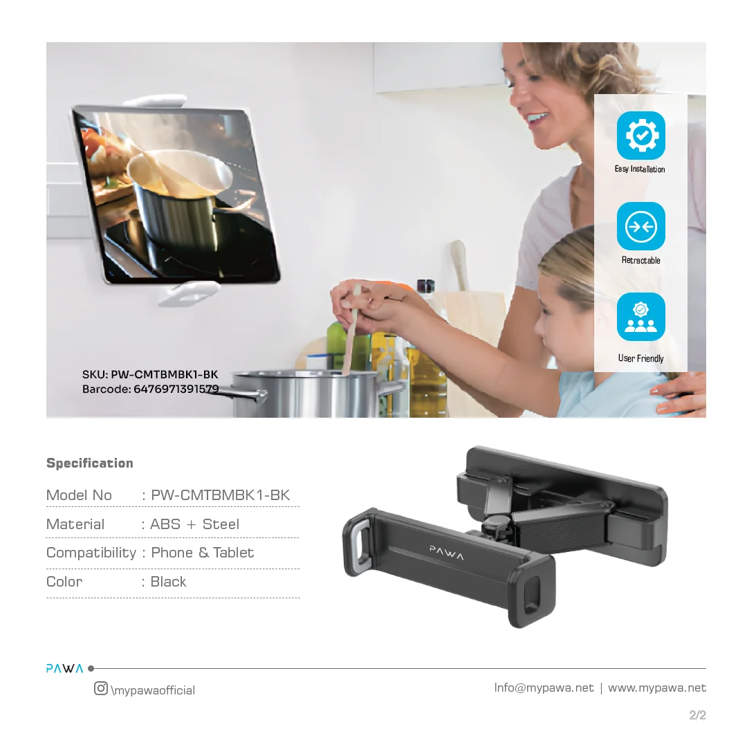 PAWA WALL RETRACTABLE TABLET STAND BLACK PW-CMTBMBK1-BK - Image 2