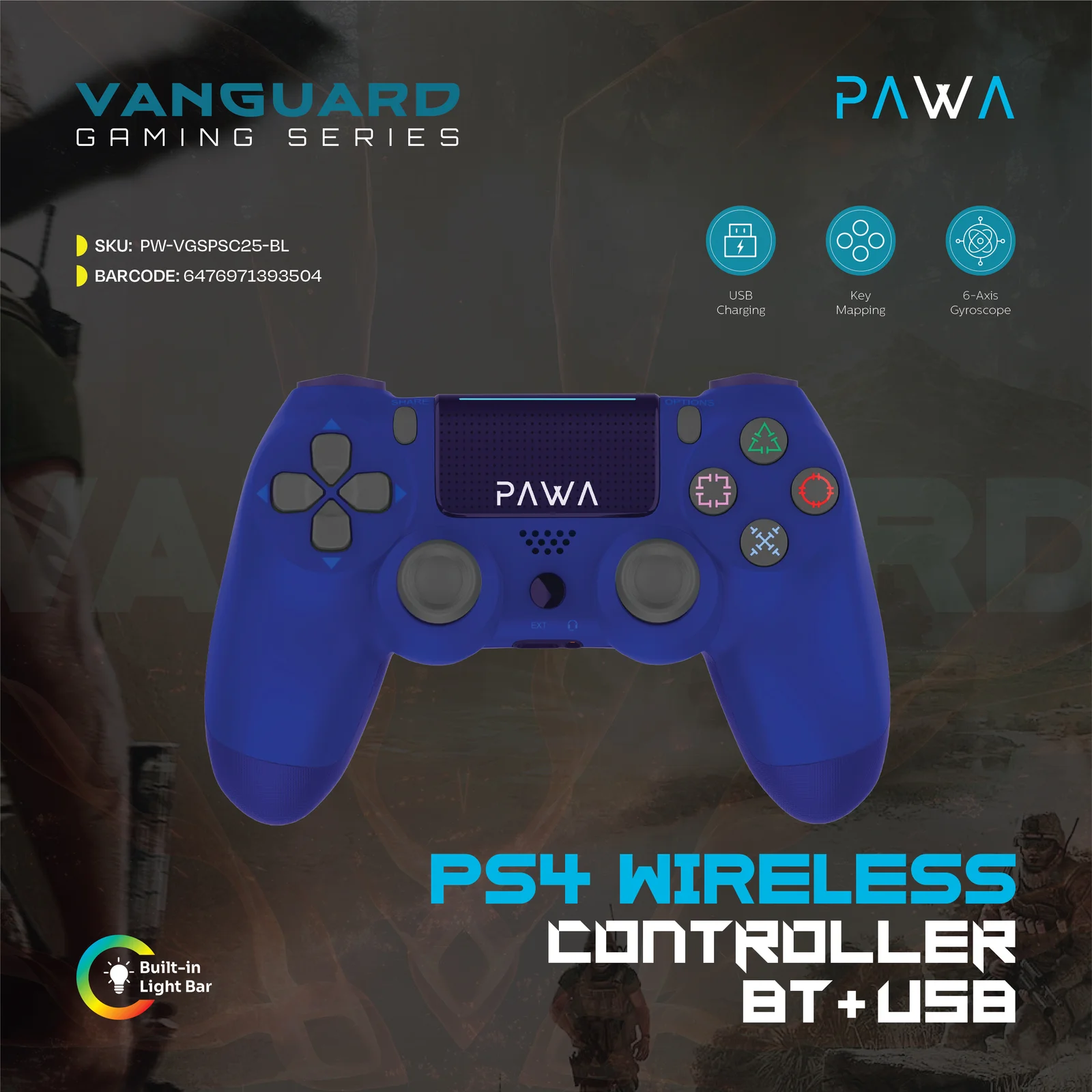 PAWA VANGUARD GAMING SERIES PS4 WIRELESS CONTROLLER BT+USB BLUE PW-VGSPC25-BL - Image 4