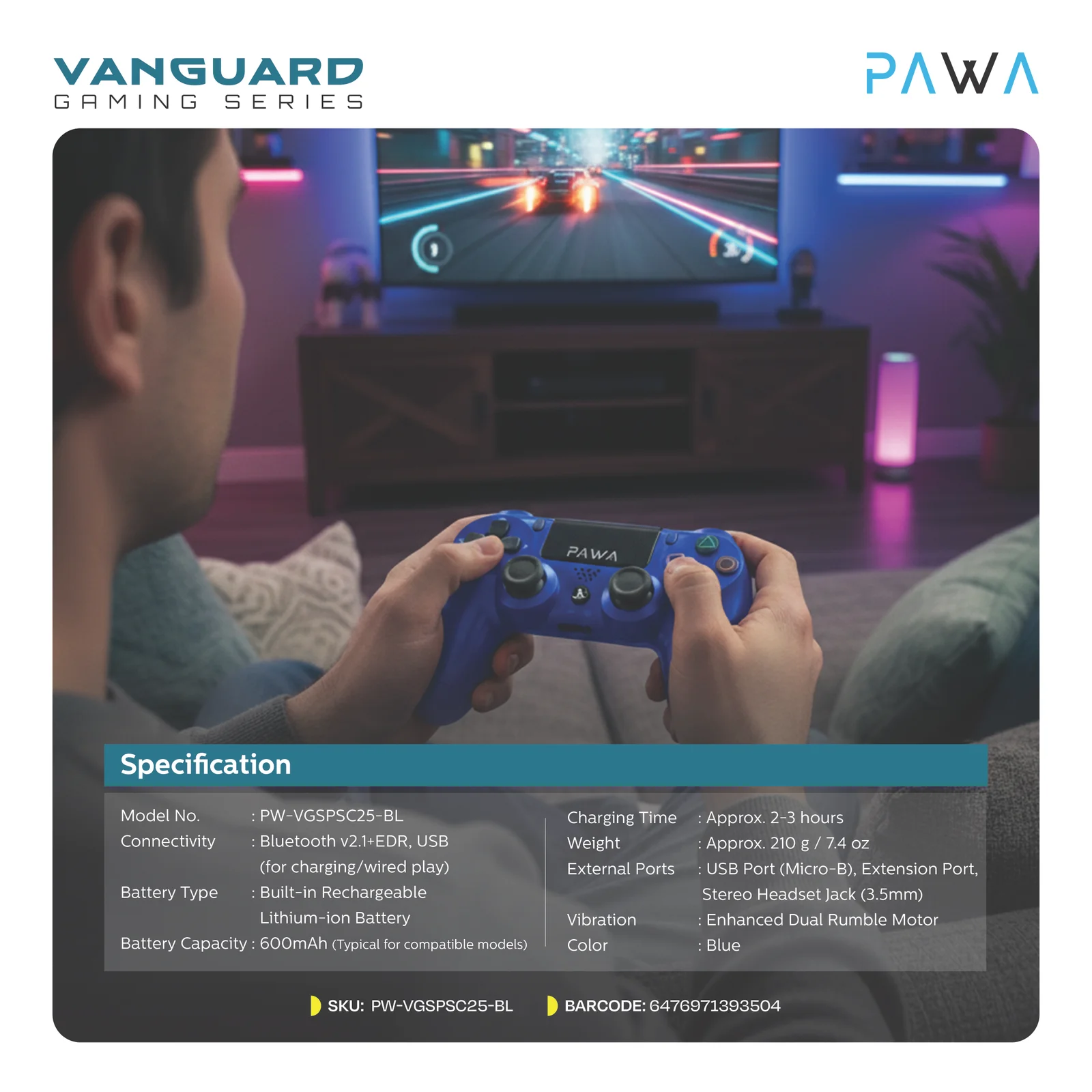 PAWA VANGUARD GAMING SERIES PS4 WIRELESS CONTROLLER BT+USB BLUE PW-VGSPC25-BL - Image 3