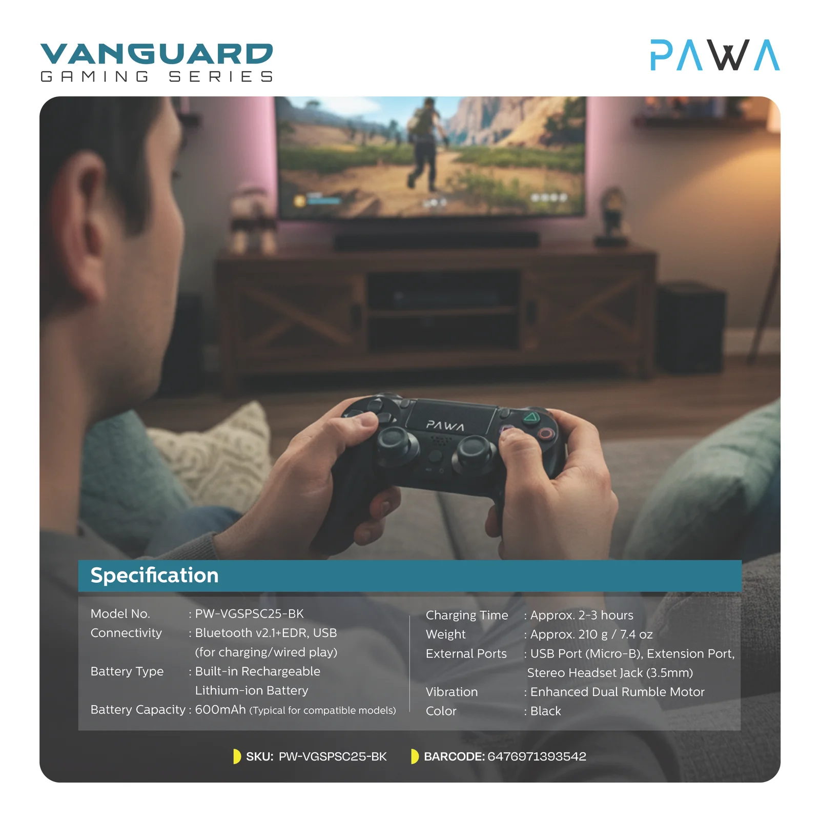 PAWA VANGUARD GAMING SERIES PS4 WIRELESS CONTROLLER BT+USB BLACK PW-VGSPC25-BK - Image 4