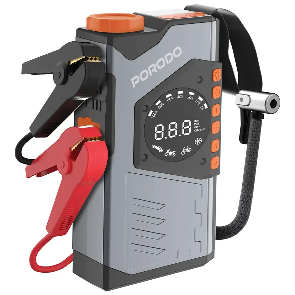 The PORODO VOLTBOOST PORTABLE 10000MAH 3 IN 1 JUMP STARTER POWER BANK WITH AIR COMPRESSOR & LIGHT-GRAY PDPBA10GY