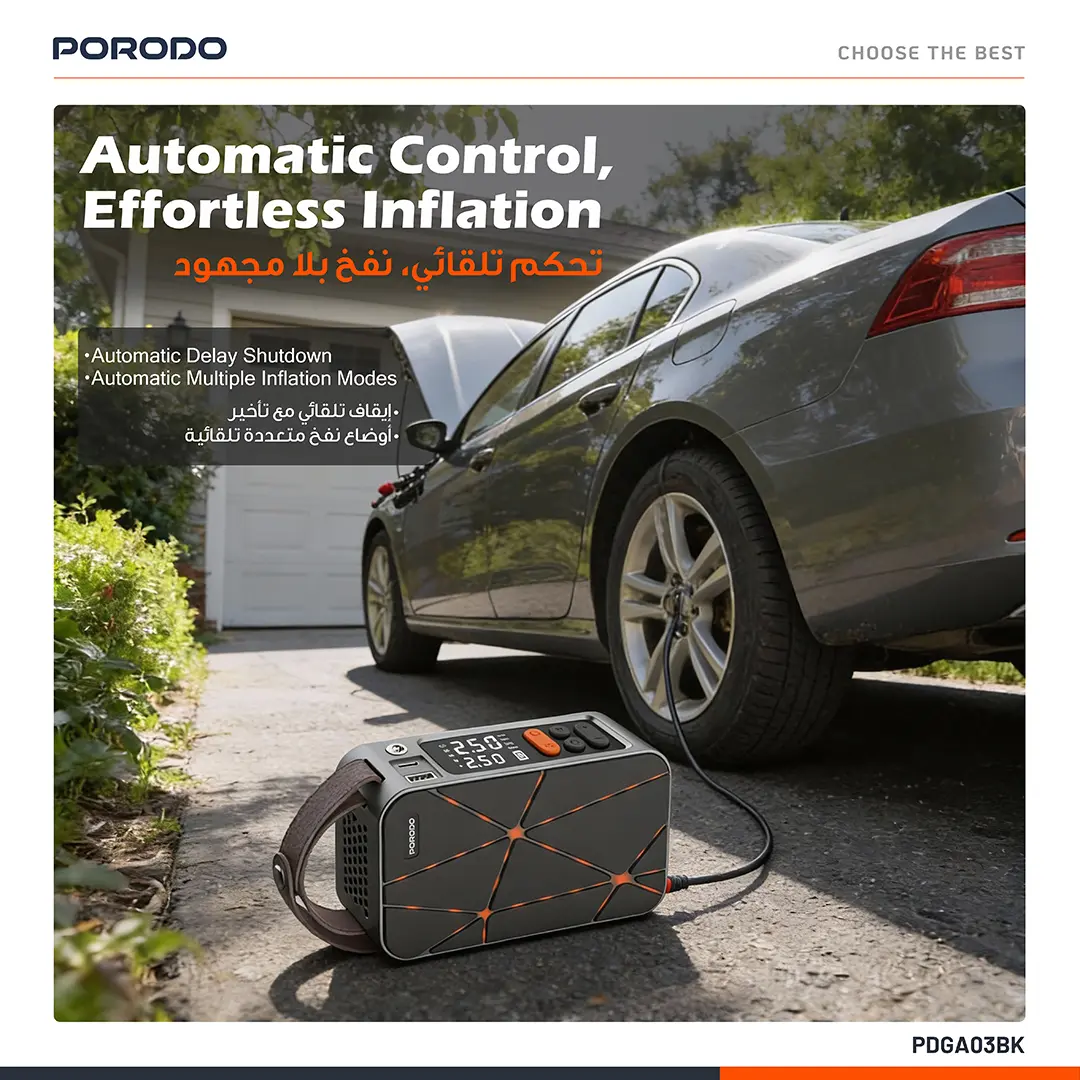 PORODO FLATOR 60W CAR TIRE INFLATOR WITH 4000 MAH BATTERY BLACK PDGA03BK - Image 3