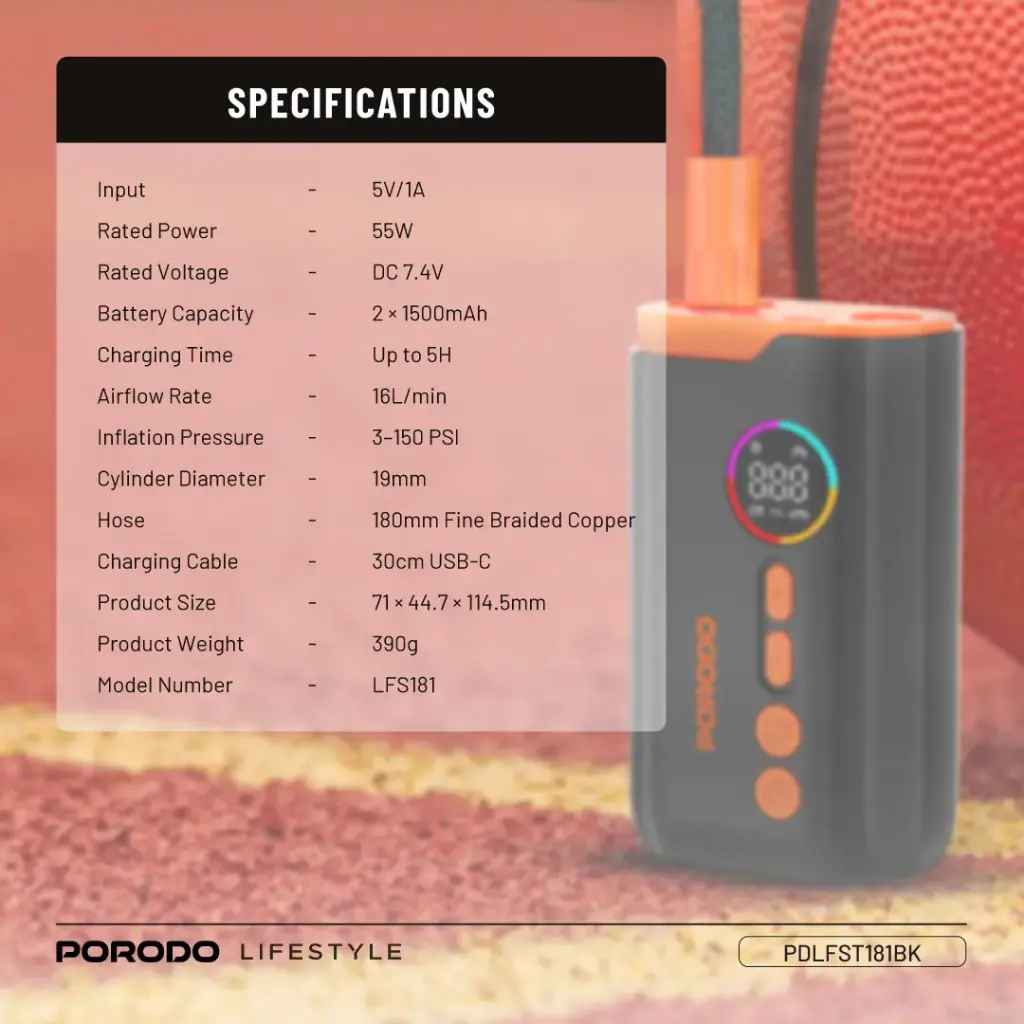 PORODO LIFESTYLE ELECTRIC AIR INFLATOR BLACK PDLFST181BK - Image 2