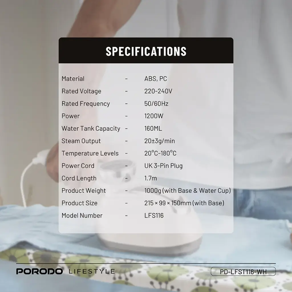 PORODO 1200W STEAM IRON WITH TRANSPARENT 160ML WATER TANK WHITE PDLFST116WH - Image 4