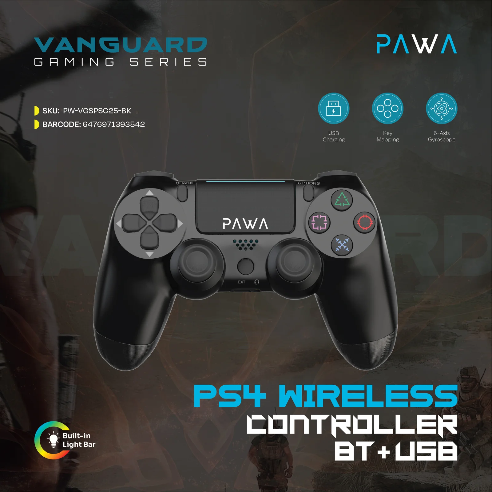 PAWA VANGUARD GAMING SERIES PS4 WIRELESS CONTROLLER BT+USB BLACK PW-VGSPC25-BK - Image 3