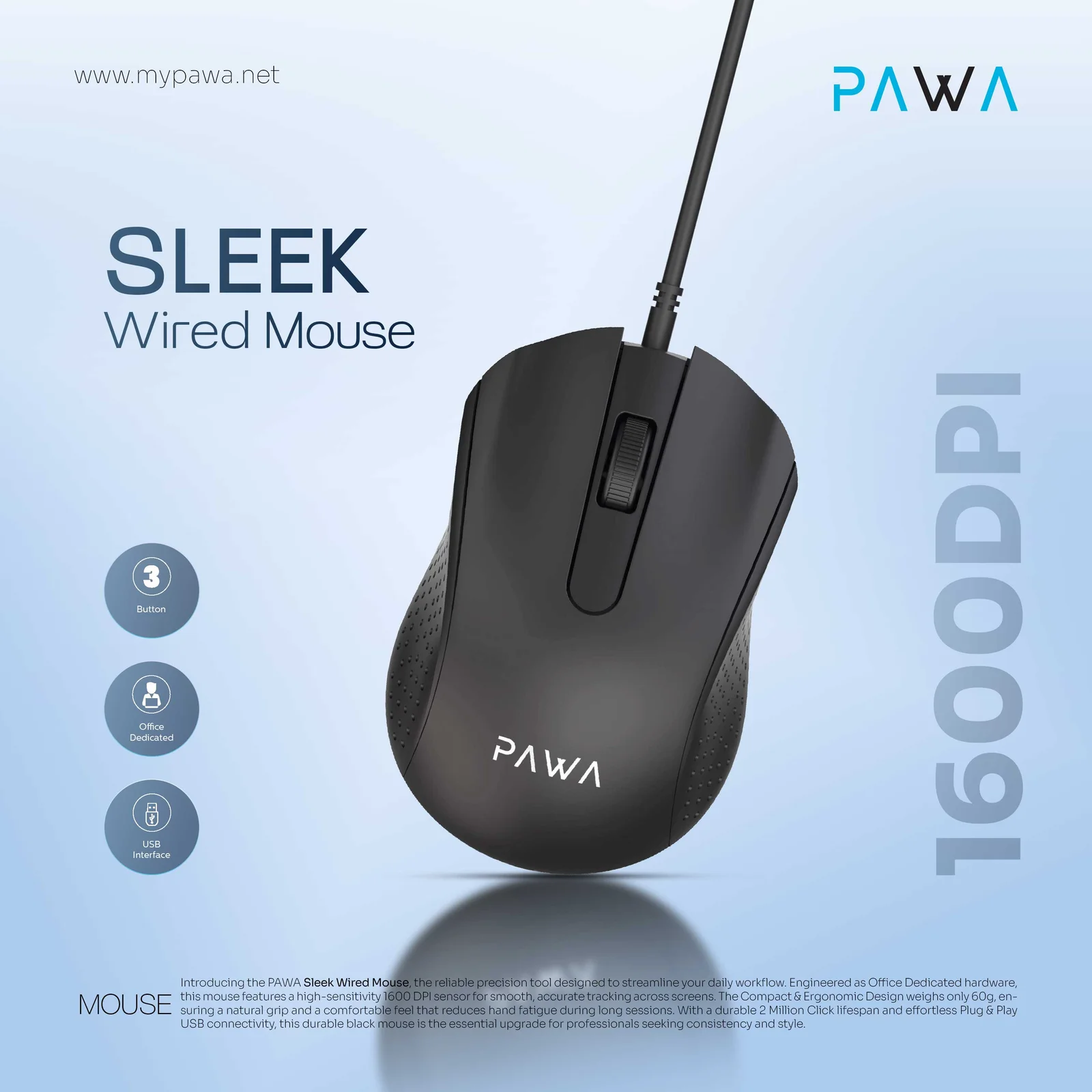 PAWA SLEEK WIRED MOUSE 1200DPI BLACK PW-MWN2TC20-BK - Image 2