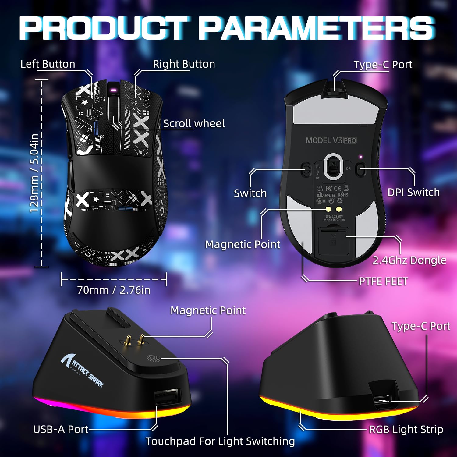 ATTACK SHARK V3 PRO WIRELESS ESPORTS GAMING MOUSE WITH CHARGING DOCK BLACK - Image 8