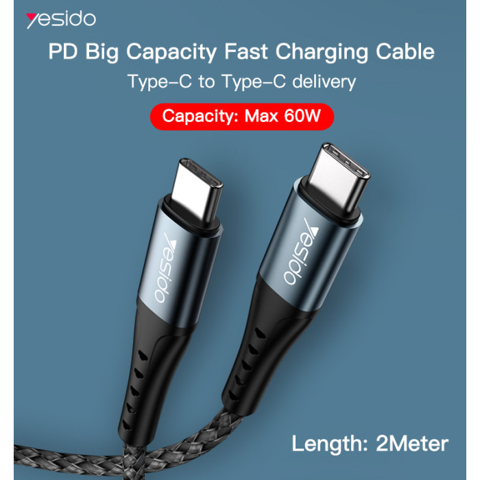 YESIDO USB-C TO USB-C CABLE 2M BLACK CA67 - Image 2