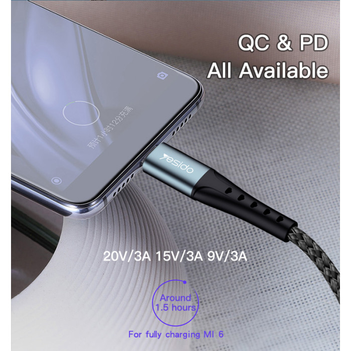YESIDO USB-C TO USB-C CABLE 2M BLACK CA67 - Image 3