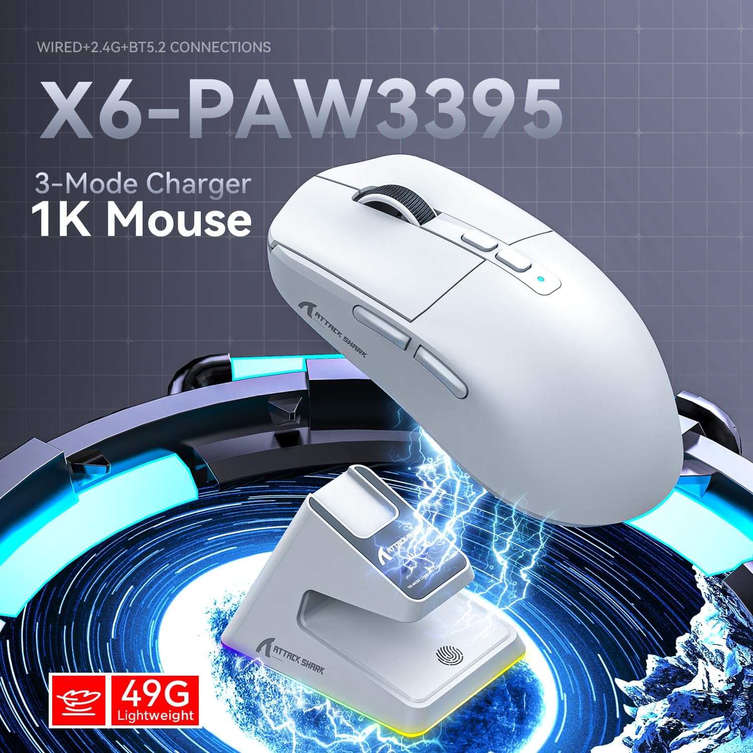 ATTACK SHARK X6 LIGHTWEIGHT WIRELESS GAMING MOUSE WITH RGB CHARGING DOCK WHITE PAW-3395 - Image 3